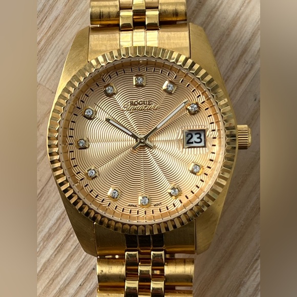 Rogue Signature Diamond Dress Watch Gold-Tone Dial Case Bracelet Date Window